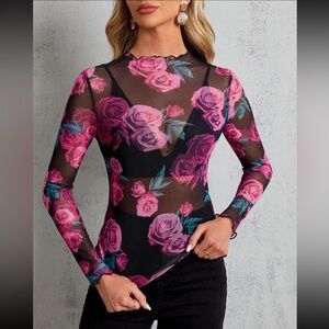 Black Lettuce Trim Long Sleeve Mesh Top Shirt Pink Floral Roses